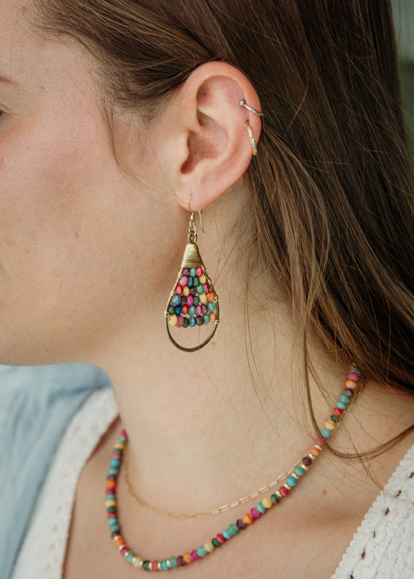 Woven Paper Bead Teardrop Hoops in Brass